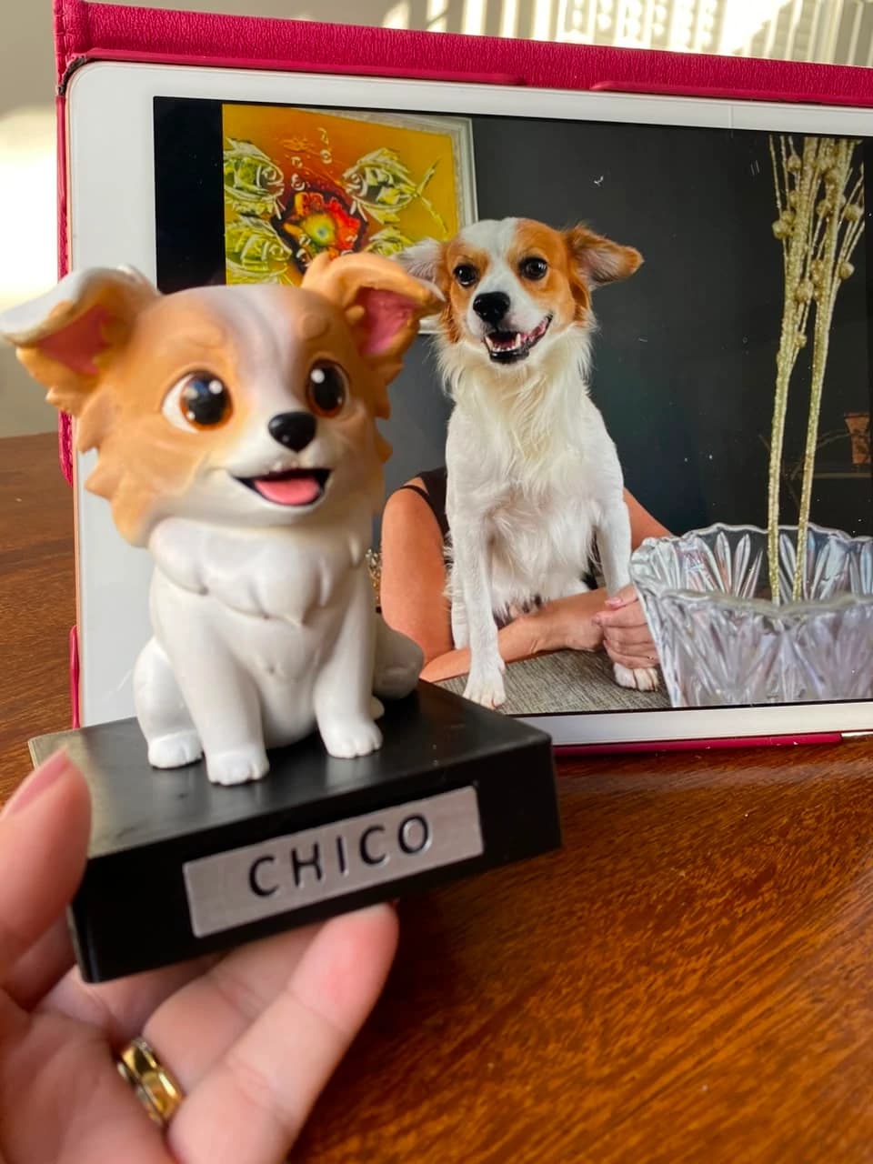 Miniatura de Chico em primeiro plano, diante da fotografia do cão branco e caramelo que serviu de referência