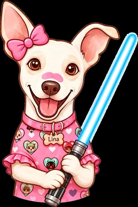 Lina, a mascote do ateliê, vestida de rosa e segurando um sabre de luz azul