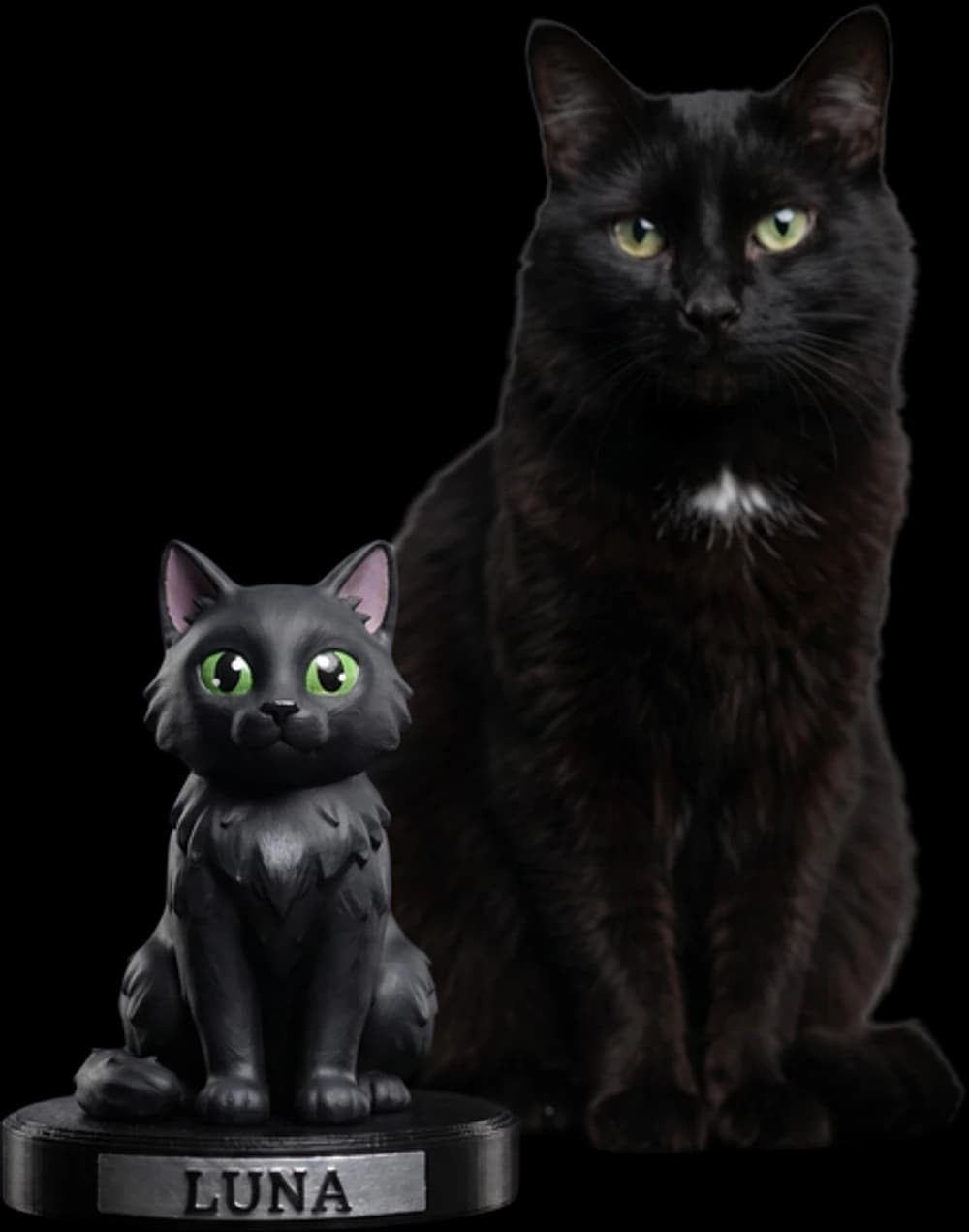 A gata preta Luna sentada ao lado da sua miniatura Pet Eterno de 15 cm
