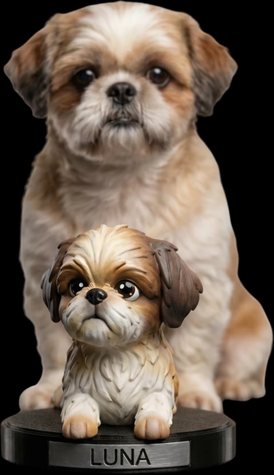 A shih tzu Luna sentada atrás da sua miniatura de 12,5 cm sobre base preta