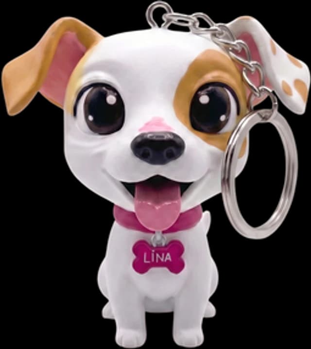 Miniatura Mini Pet de 5 cm em formato chaveiro, com argola prateada e plaquinha de coleira