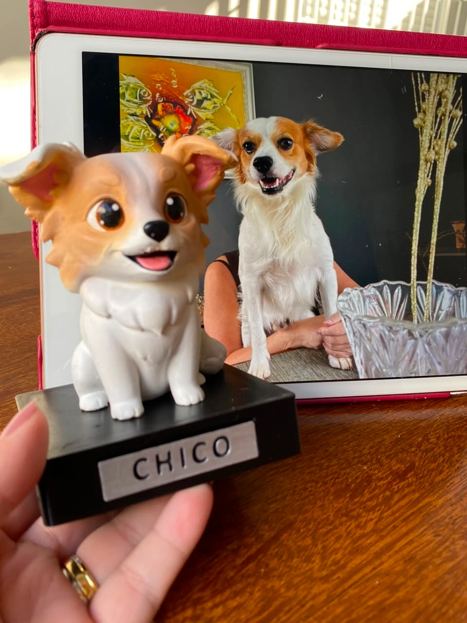 Miniatura de Chico em primeiro plano, diante da fotografia do cão branco e caramelo que serviu de referência